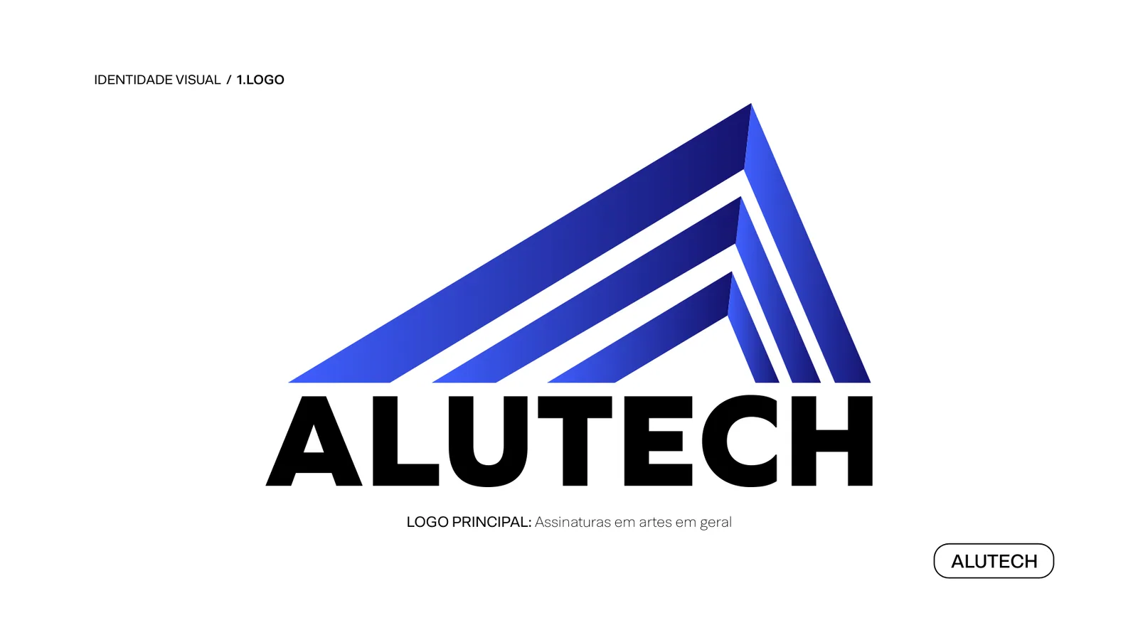 Logotipo principal Alutech: um A de linhas paralelas azuis sobre o nome