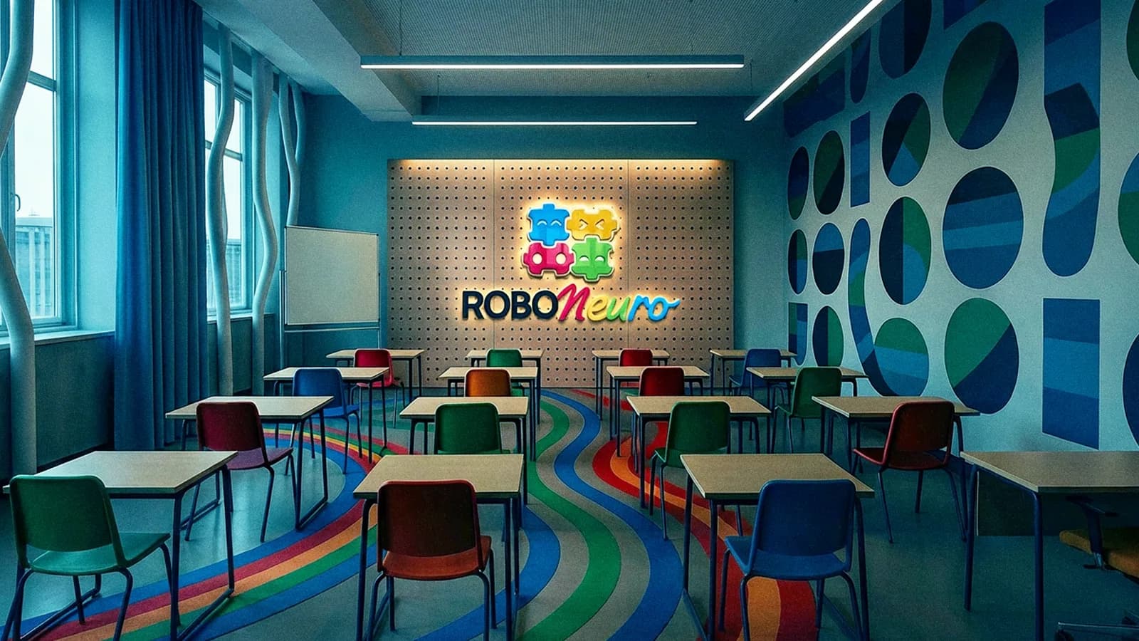 Sala de aula colorida com o logotipo RoboNeuro na parede