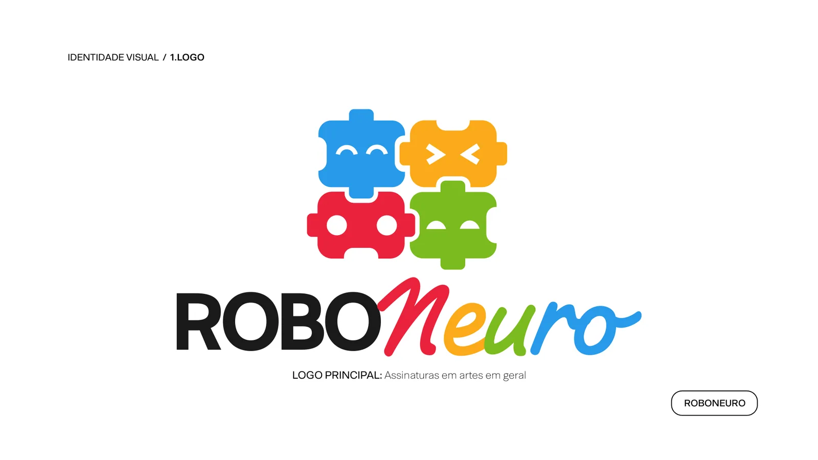 Logotipo RoboNeuro com peças de quebra-cabeça que têm expressões